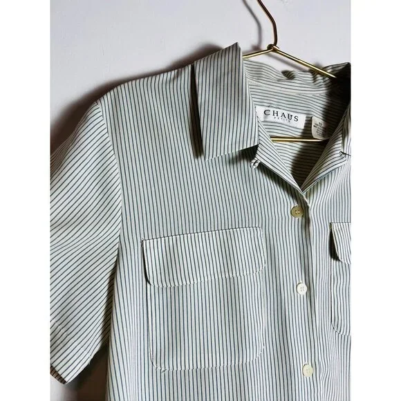 Chaus Striped Blue White Buttondown Short Sleeve - Picture 3 of 6